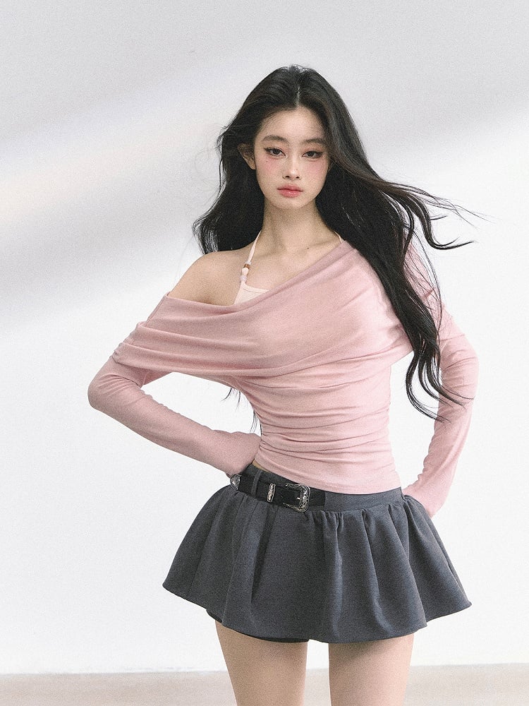 Pink Asymmetrical Neckline Faux Two-pieces Top