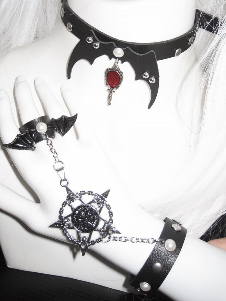 Black/White/Red Stud Detail with Bat Wings Design Ring