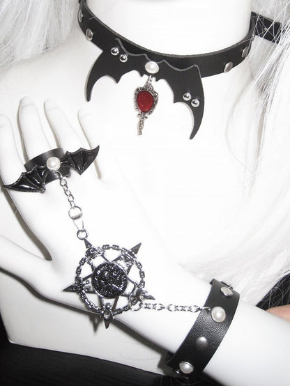 Black/White/Red Stud Detail Bat Wings Design Punk Choker