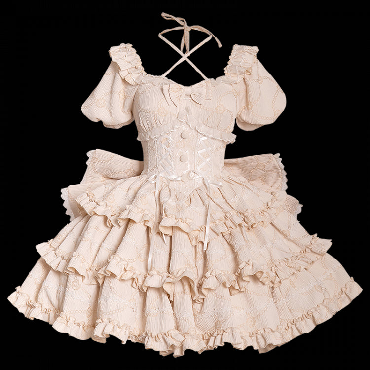 Champagne Princess Corset Waist Dress Ruffle Skirt Lolita OP with Big Bow at Back