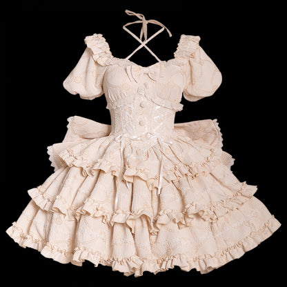 Champagne Princess Corset Waist Dress Ruffle Skirt Lolita OP with Big Bow at Back