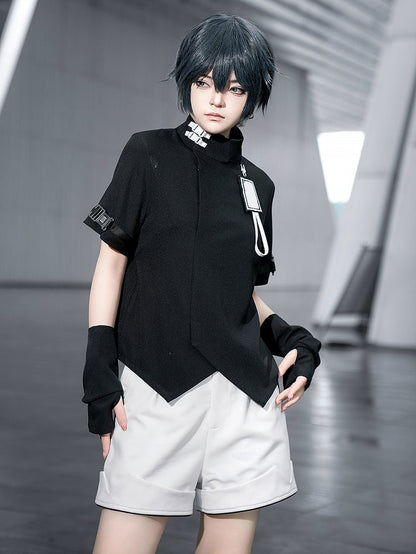 Black Ouji Fashion Futuristic Techwear High Neck Short Sleeves Top