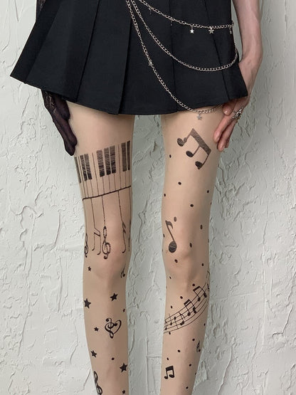 Nude Y2K Piano Note Star Print Polka-dot Pattern Tights