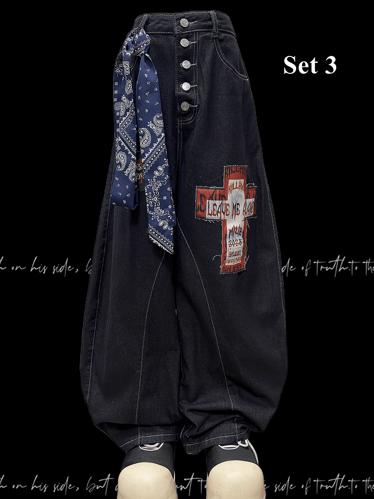 Cross Applique Dark Blue Buttons Fly Front Wide-leg Jeans