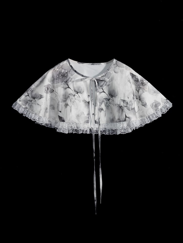 Jirai Kei Three Pieces Set Short Puff Sleeves Top Black Shorts and Grey Floral Print Cape