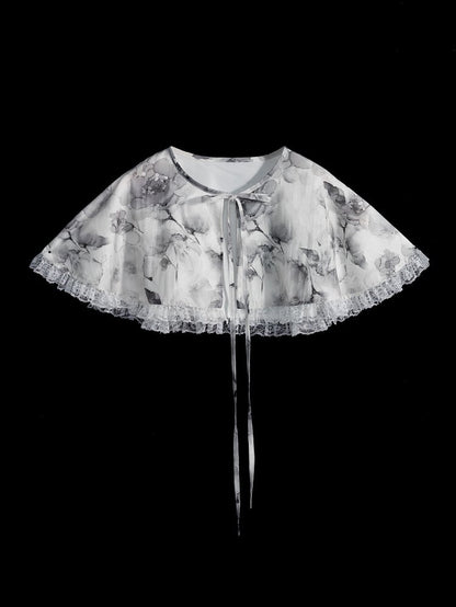Jirai Kei Three Pieces Set Short Puff Sleeves Top Black Shorts and Grey Floral Print Cape