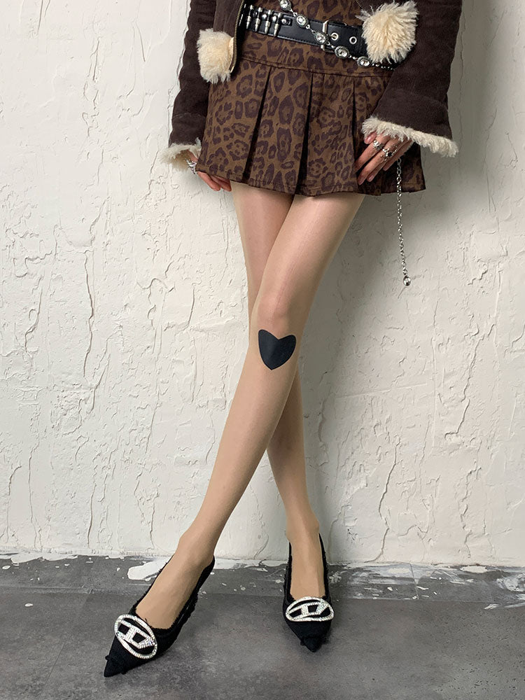 Nude/Black Heart Print Tights