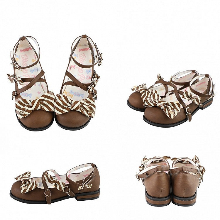 Brown Striped Pattern Bow at Top Crisscross Design Heart Buckles Lolita Shoes