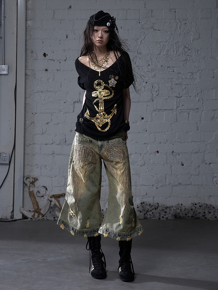 Black/White Distressed Design Navycore Graphic T-shirt