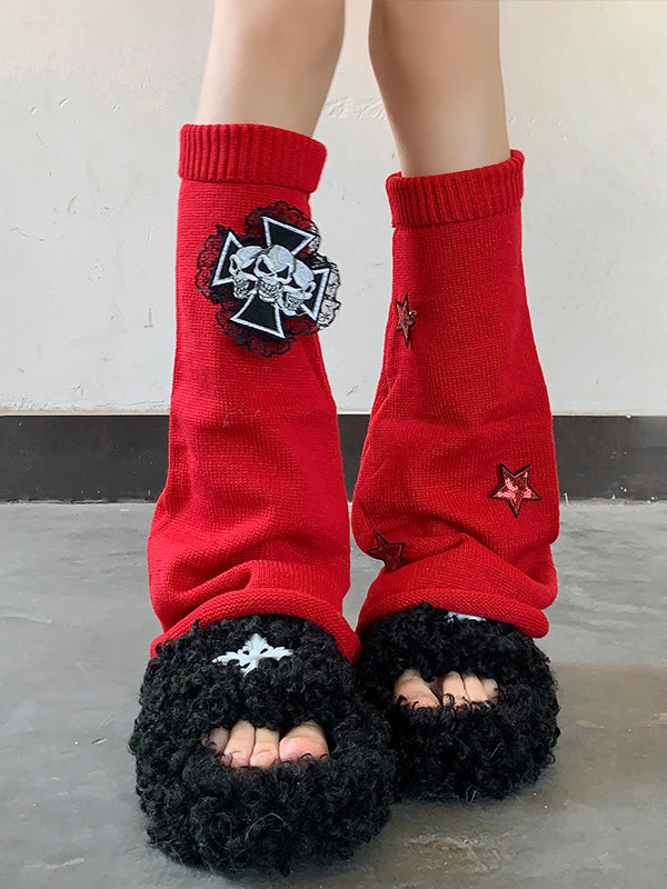 Cross Skulls Sequin Stars Details Leg Warmers Black/Red/White