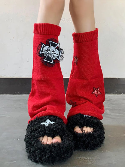 Cross Skulls Sequin Stars Details Leg Warmers Black/Red/White