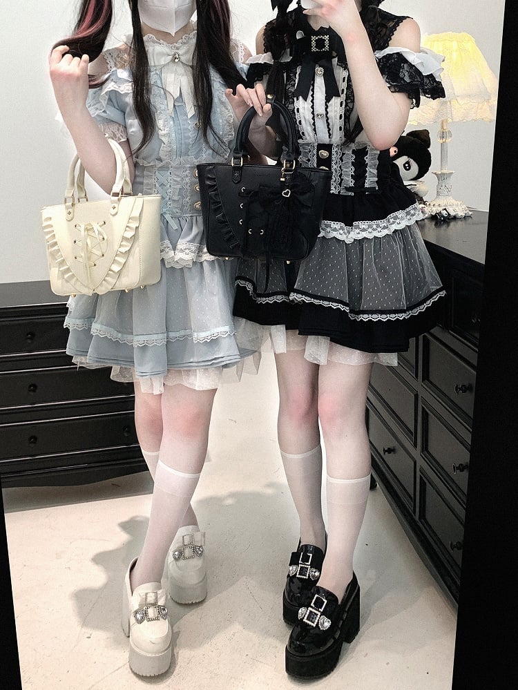 Black/Pink/Blue High Waist Sweetheart Buttons Lace Trim Jirai Kei Tiered Skirt