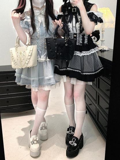 Black/Pink/Blue High Waist Sweetheart Buttons Lace Trim Jirai Kei Tiered Skirt