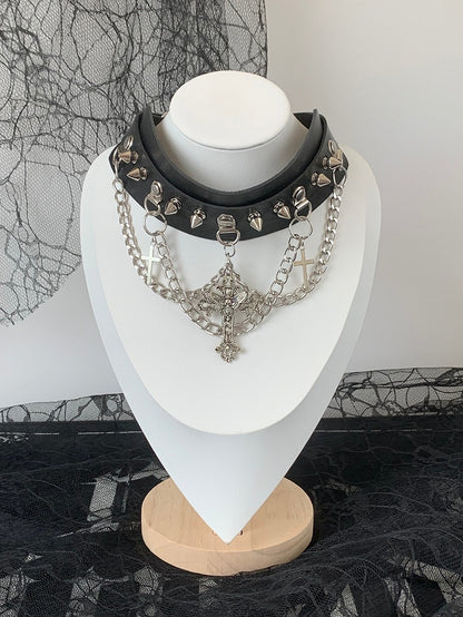 Black/White/Gray Studs Details Cross Charm Choker