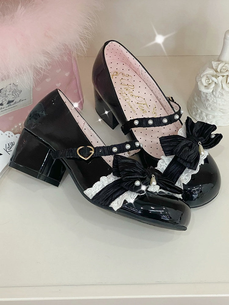 Black Beaded Decorated Bow at Top 2.5CM/5CM Block Heels Round Toe Shoes