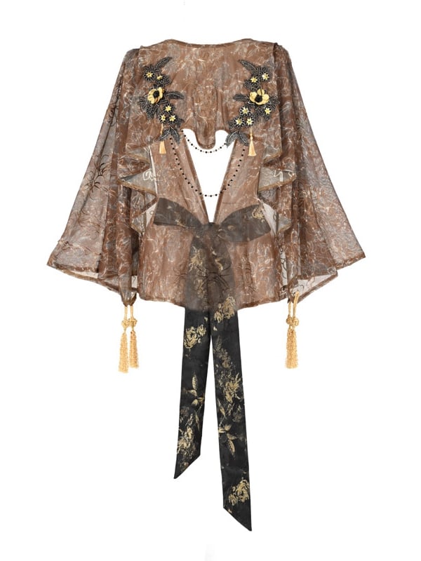 Gold High-low Design Cutout Back Shawl with Tassels and Bead Chain
