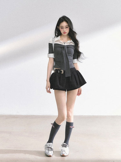 Gray and White Faux Two-pieces T-shirt Self-tie Straps at Neckline