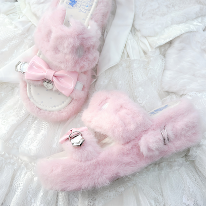 Rebellious Kitten Embroidery Slippers - Jirai Kei Pink Plush Platform with Bow & Heart Charm