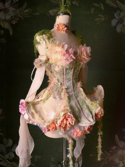 Pink and Green Floral Design Fairy Goth Vine Spaghetti Straps Boned Corset Top