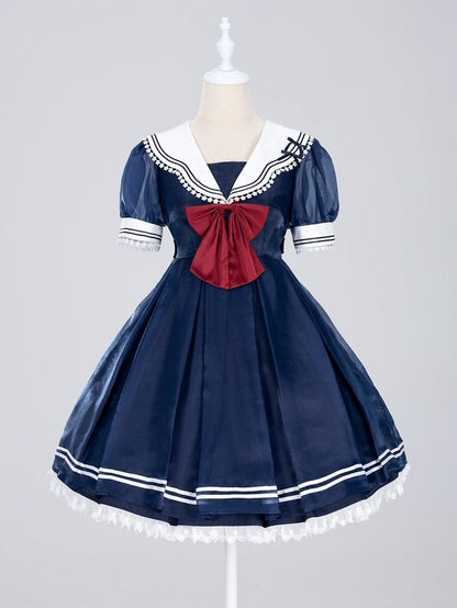 Navy Starry Sailor Lolita Dress with Red Bowtie