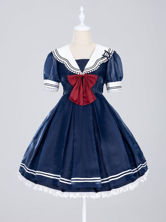 Navy Starry Sailor Lolita Dress with Red Bowtie