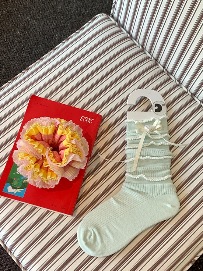 6 Color Options Beaded Heart Decorated Bowknot Detail Loose Calf Socks