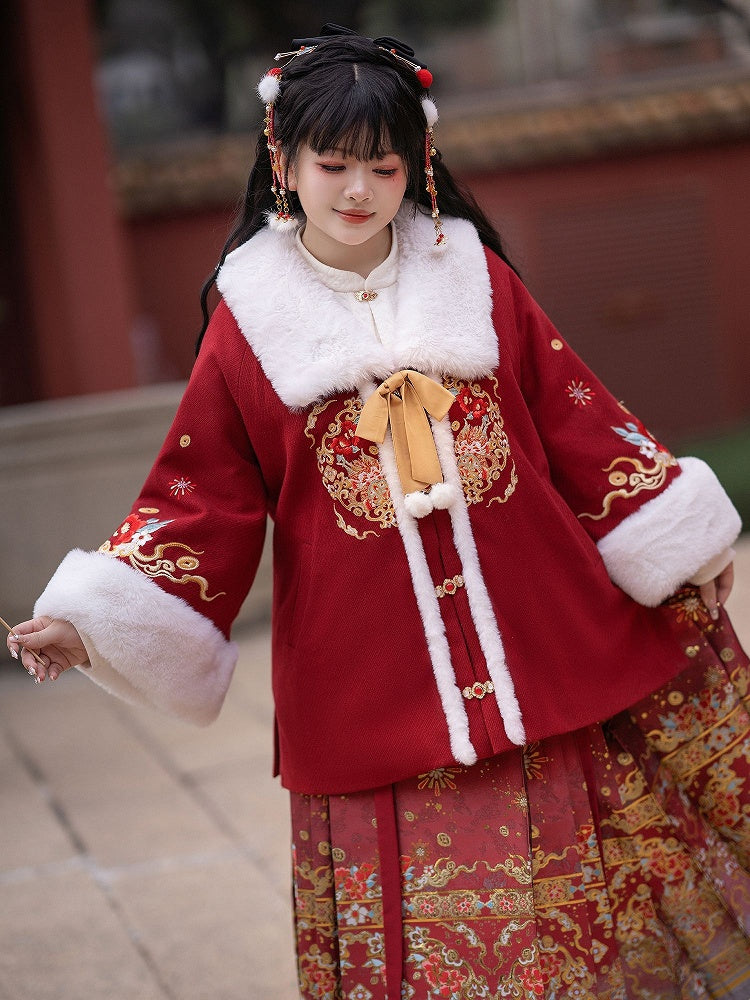 Plus Size New Year Red Embroidered Coat with Plush Collar and Cuffs