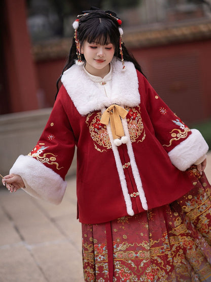 Plus Size New Year Red Embroidered Coat with Plush Collar and Cuffs