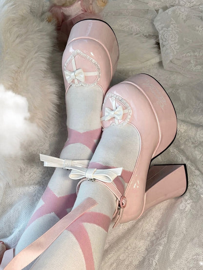 Bow Accents Heart Design Pink and White Platform Block High Heels