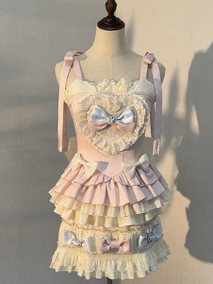 Pink and Blue Bow Accents Sweet Lolita Full Set - Cami Top + Skirt + Puff Sleeves Cropped Top