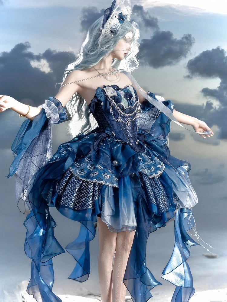 Deep Sea Blue Corset Waist Princess Lolita Beads and Sequins Detail Cascading Ruffle Accents Fairy Layered Dress