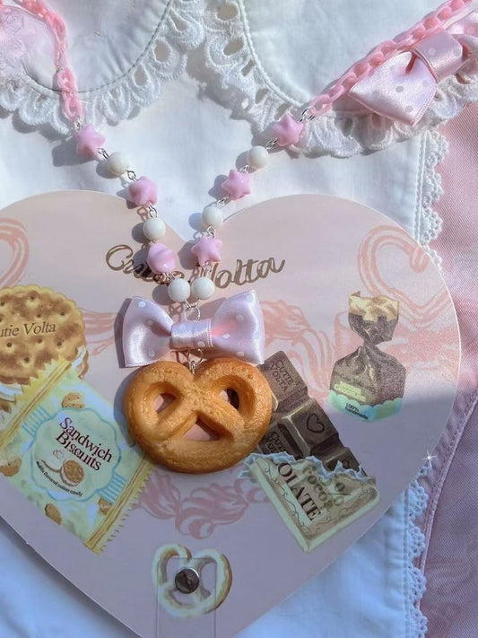 Pink/Brown Cookie And Bowknot Pendant Necklace