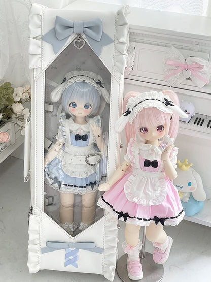 White&Blue Bowknot Details Diamond Pattern 1/4 Scale BJD Doll Bag with Two Straps