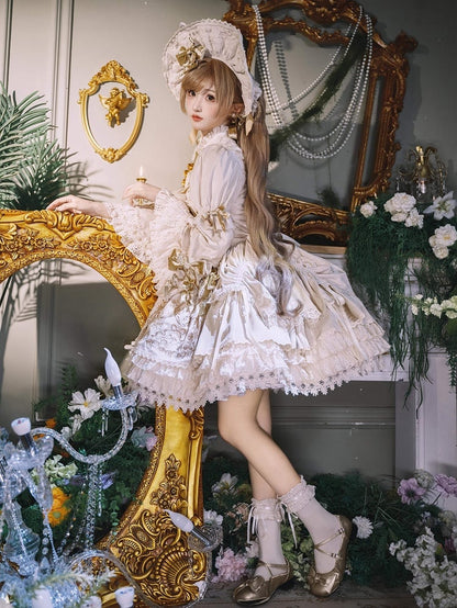 Candle and Candlestick Embroidery Cream Bell Sleeves Velvet Dress Lolita OP / Set