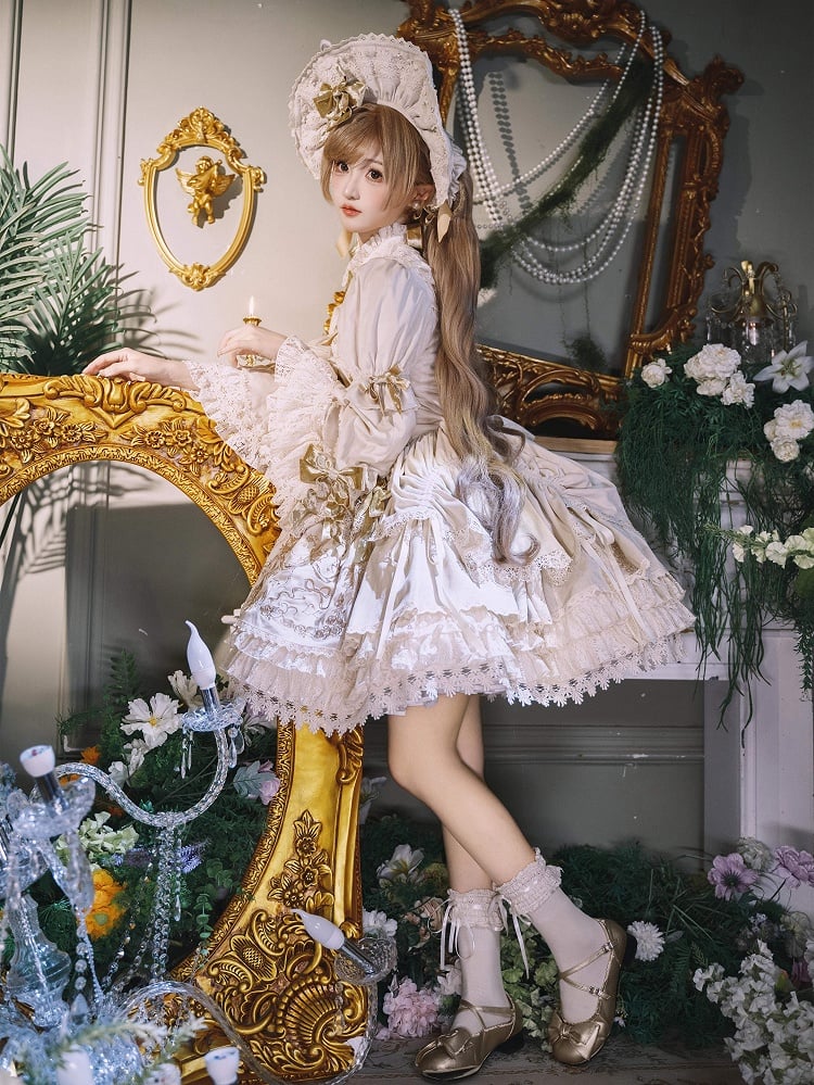 Candle and Candlestick Embroidery Cream Bell Sleeves Velvet Dress Lolita OP / Set