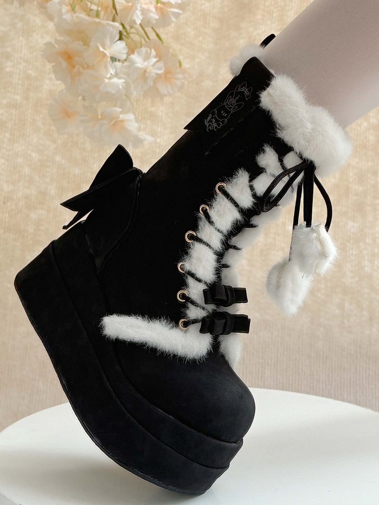 Plush Lined & Romantic Bow Accents Platform Black Boots in Sweet Lolita