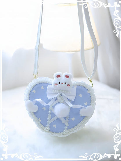 Blue Heart Pattern Beaded Decorated Plush Bunny Design Heart-shaped Crossbody Bag With Pompon