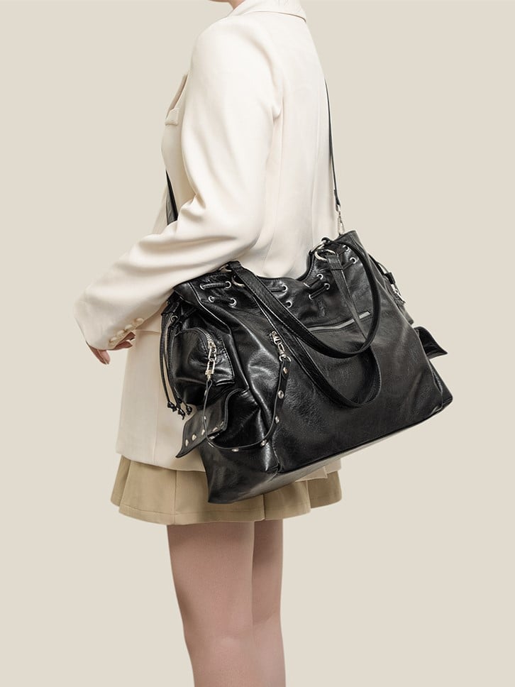Black Studded Soft Tote Bag With Large Capacity&Adjustable Straps