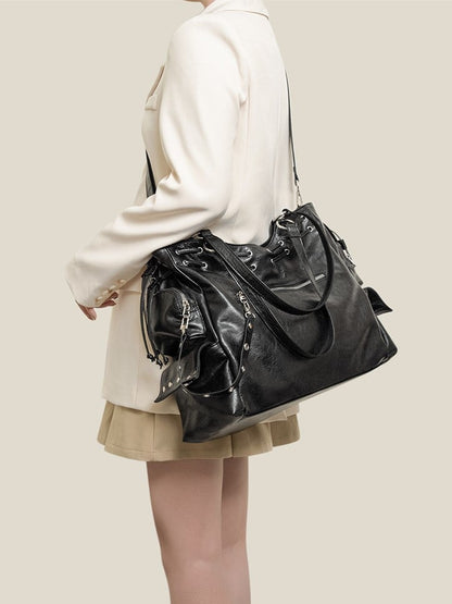 Black Studded Soft Tote Bag With Large Capacity&Adjustable Straps