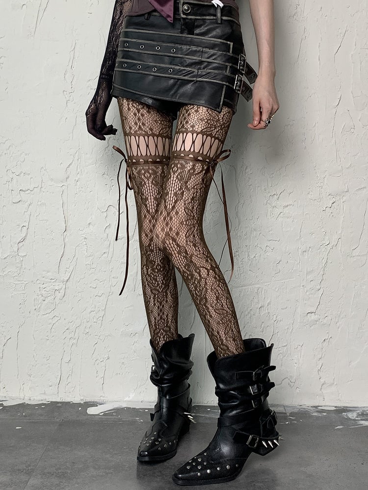 Coffee/Gray/Black/White/Purple/Blue Y2K Floral Pattern Self-tie Straps Cut-out Design Tights