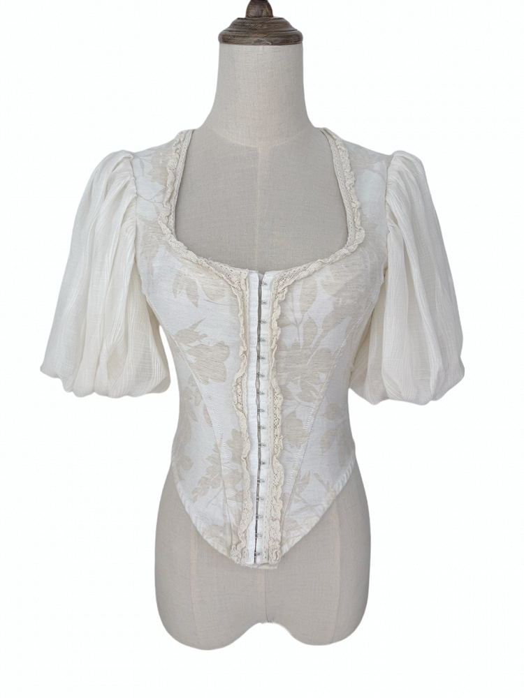 Apricot Puff Sleeve Romantic Top with Lace-Up Back