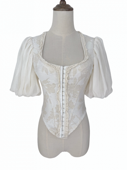 Apricot Puff Sleeve Romantic Top with Lace-Up Back