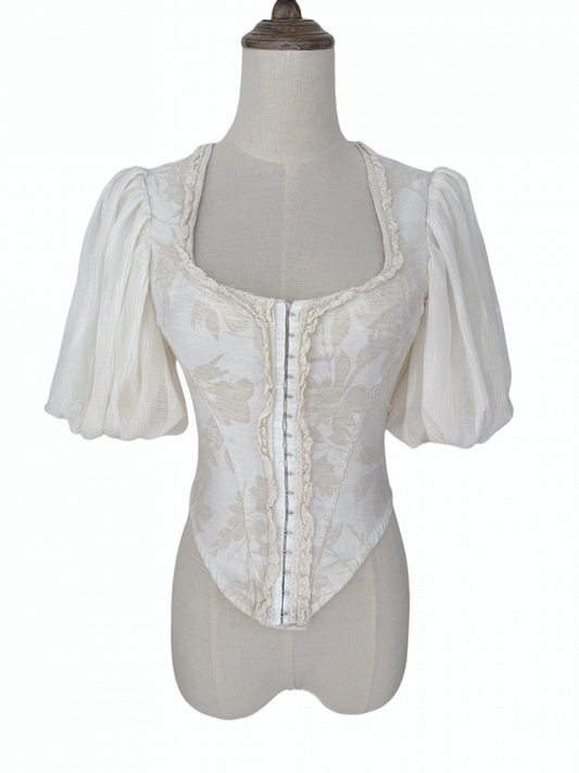 Apricot Puff Sleeve Romantic Top with Lace-Up Back