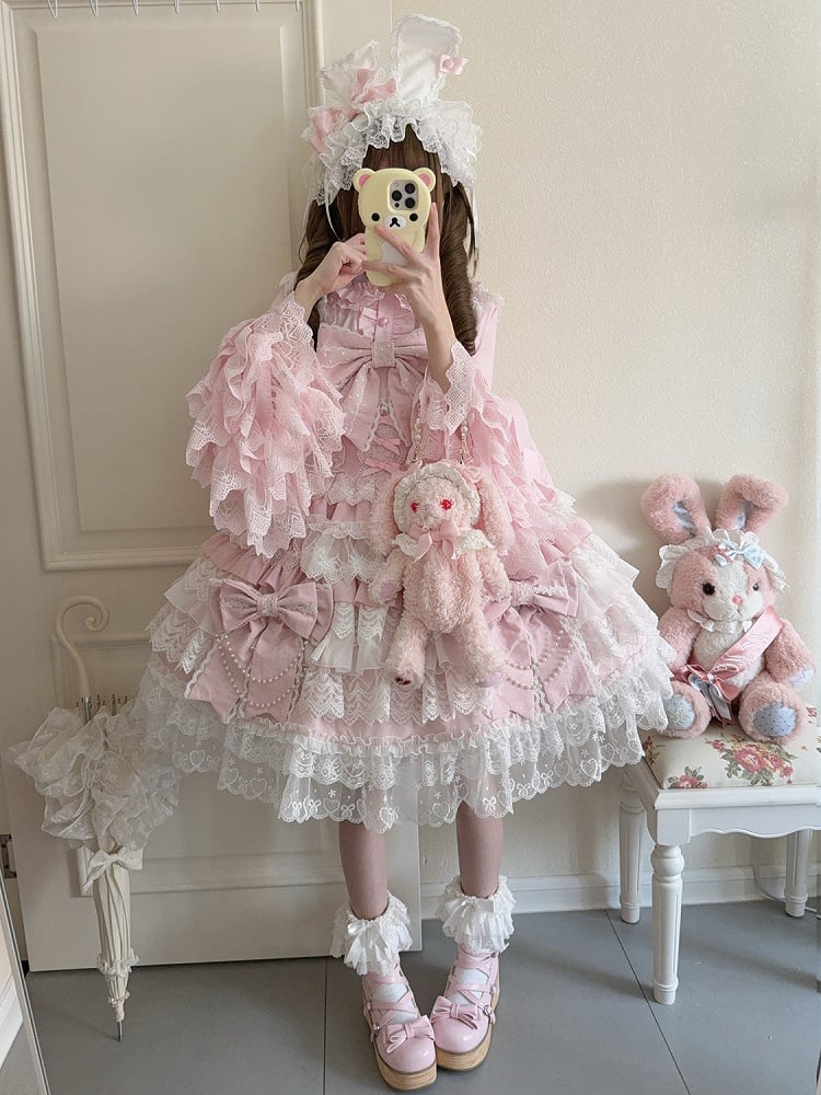 Pink Bead Chain Big Bows Decoration Tiered Skirt Hanayome Lolita Dress