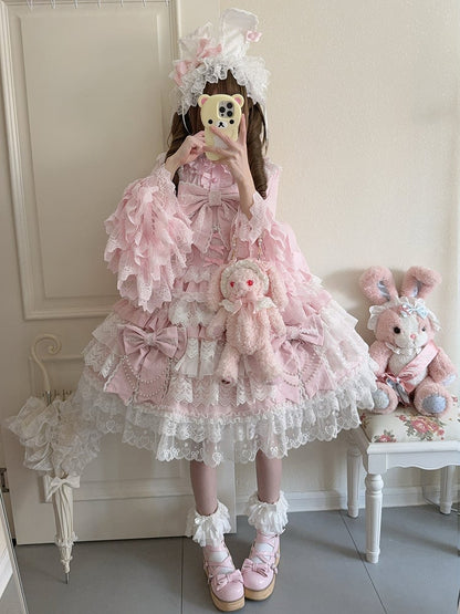 Pink Bead Chain Big Bows Decoration Tiered Skirt Hanayome Lolita Dress