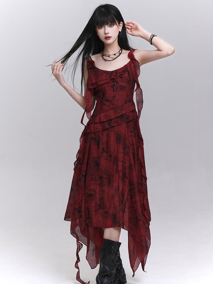 Red Cascading Ruffles Handkerchief Hem Sleeveless Dress