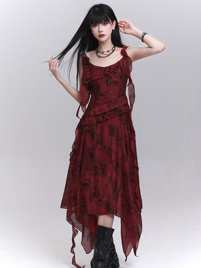 Red Cascading Ruffles Handkerchief Hem Sleeveless Dress