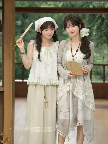 Cheongsam Style Gray Jacquard Asymmetrical Tassel Hem Mori Kei Slip Dress