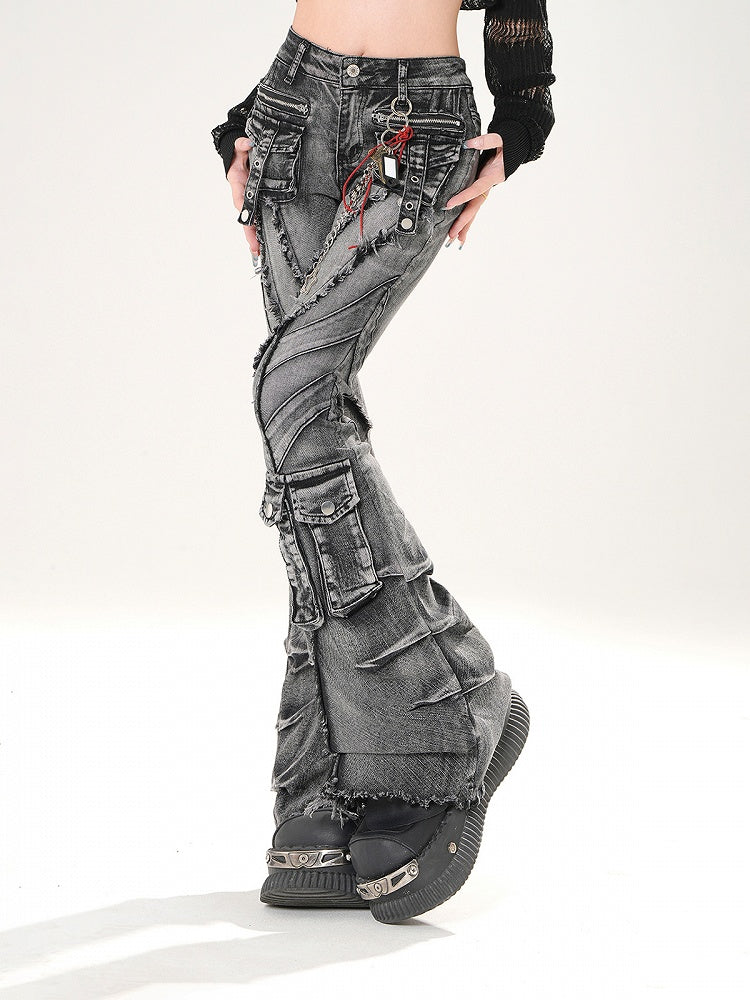 Black Faded Wash Cargo Pockets Raw Hem Distressed Flared Jeans