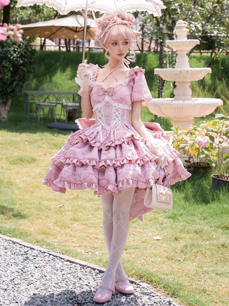 Clearance - Size M for Bust 86-96CM Pink Princess Corset Waist Dress Ruffle Skirt Lolita OP with Big Bow at Back